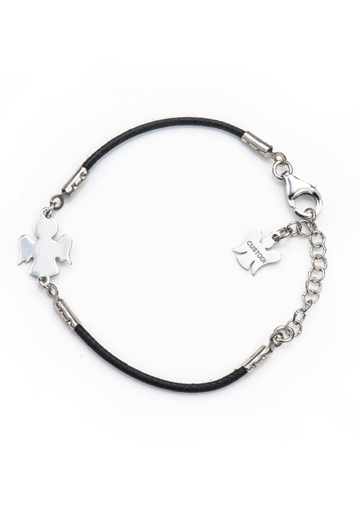 Bracciale bimbo in corda cerata e Angelo in argento 925 rodiato. Lunghezza 13+3 cm