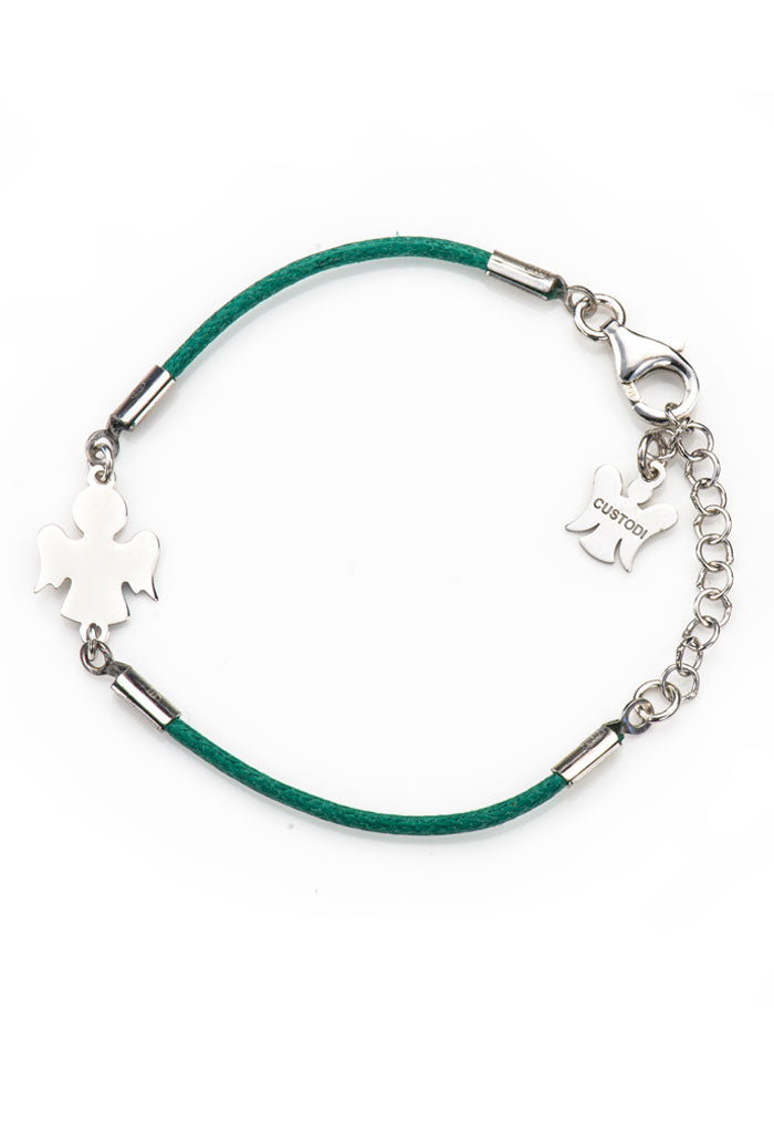 Bracciale bimbo in corda cerata e Angelo in argento 925 rodiato. Lunghezza 13+3 cm
