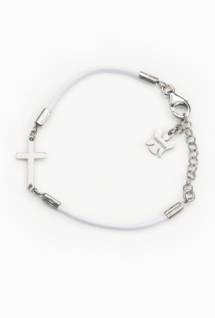 Bracciale bimbo in corda cerata e croce in argento 925 rodiato lunghezza 13+3 cm.