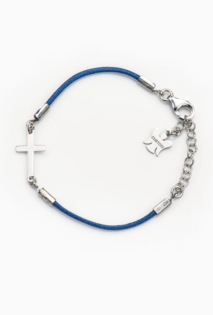 Bracciale bimbo in corda cerata e croce in argento 925 rodiato lunghezza 13+3 cm.