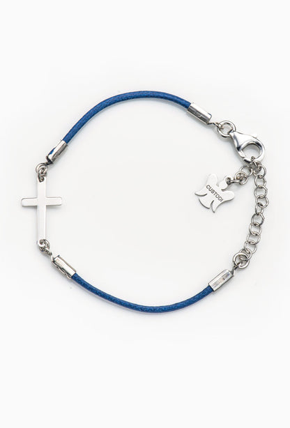 Bracciale bimbo in corda cerata e croce in argento 925 rodiato lunghezza 13+3 cm.