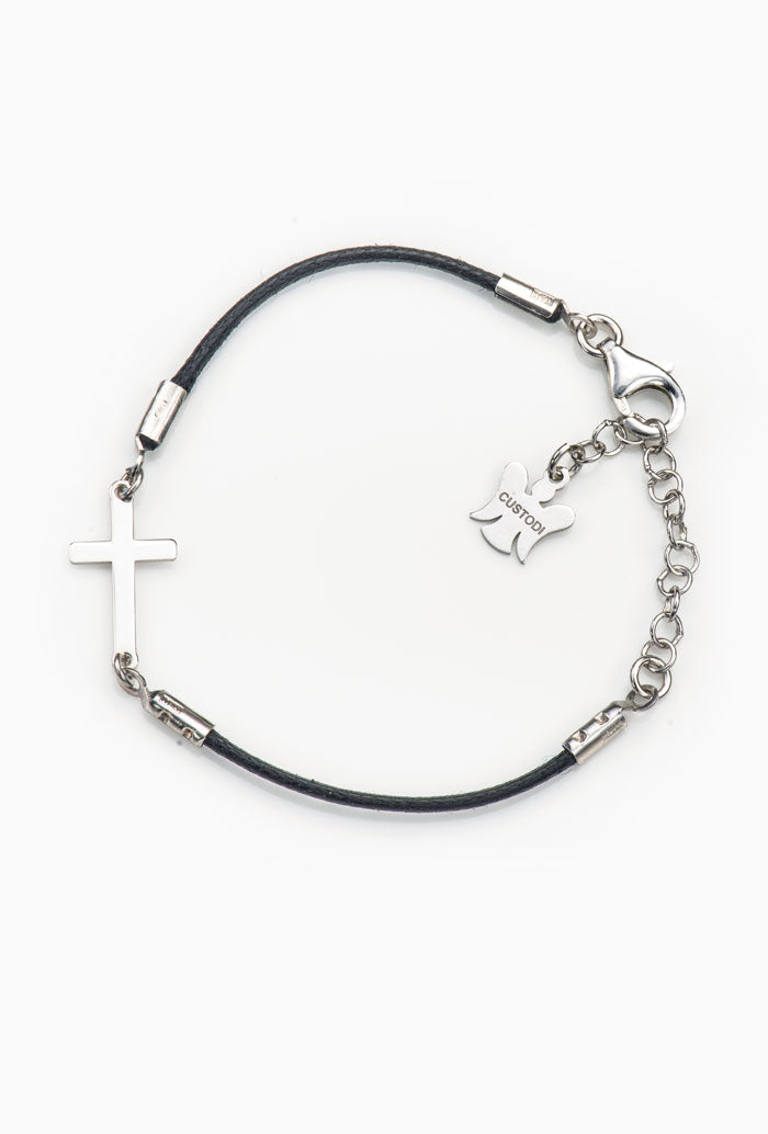 Bracciale bimbo in corda cerata e croce in argento 925 rodiato lunghezza 13+3 cm.