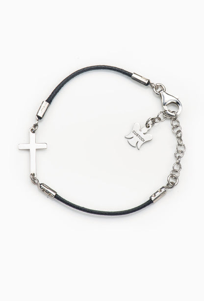 Bracciale bimbo in corda cerata e croce in argento 925 rodiato lunghezza 13+3 cm.