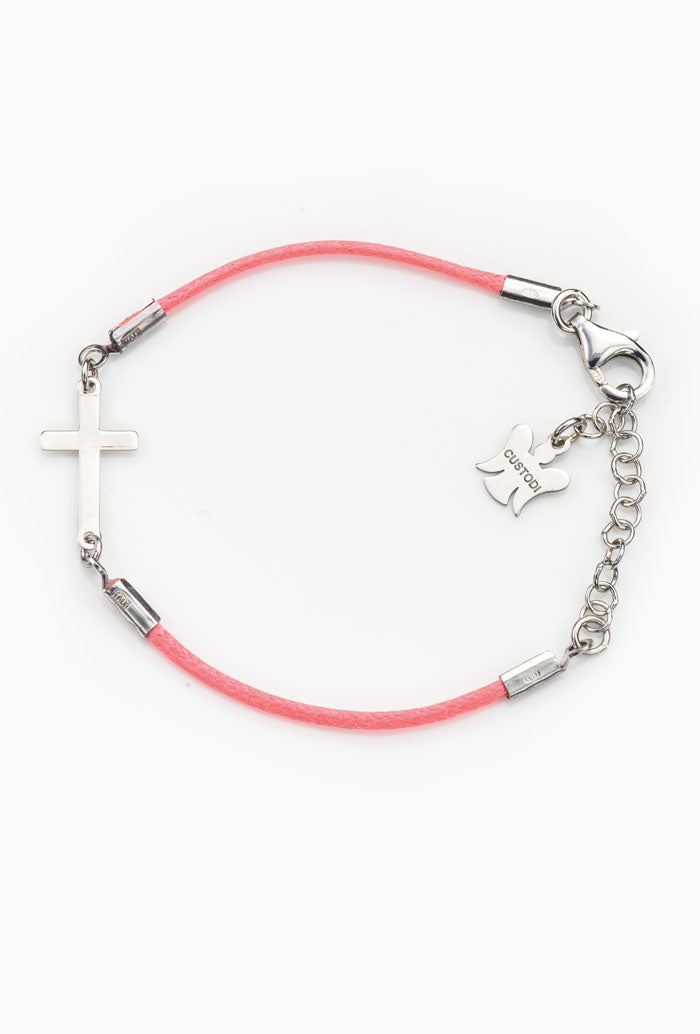 Bracciale bimbo in corda cerata e croce in argento 925 rodiato lunghezza 13+3 cm.