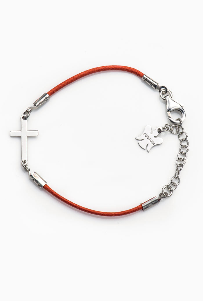 Bracciale bimbo in corda cerata e croce in argento 925 rodiato lunghezza 13+3 cm.