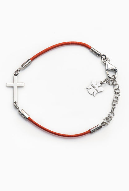 Bracciale bimbo in corda cerata e croce in argento 925 rodiato lunghezza 13+3 cm.