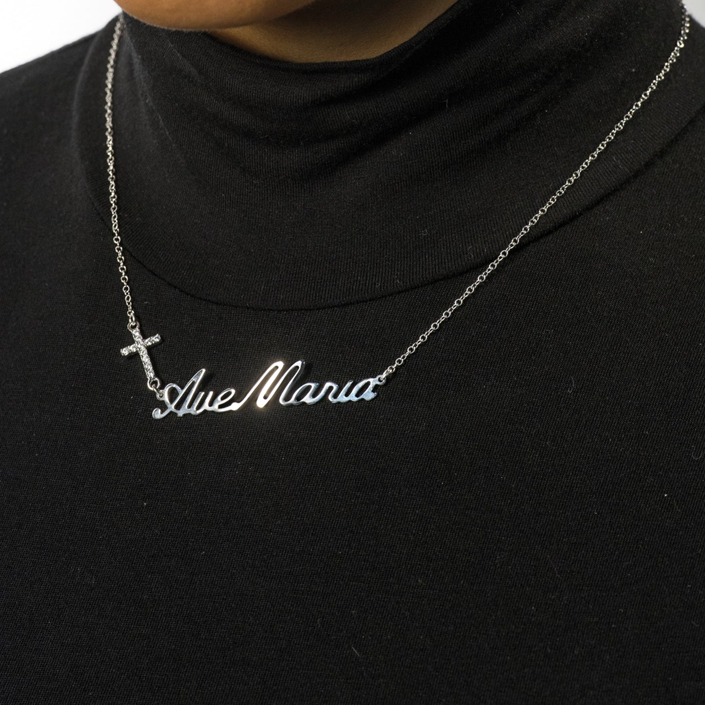 Collana "Ave Maria" e croce con zirconi in argento 925 rodiato  lunghezza cm. 42+3