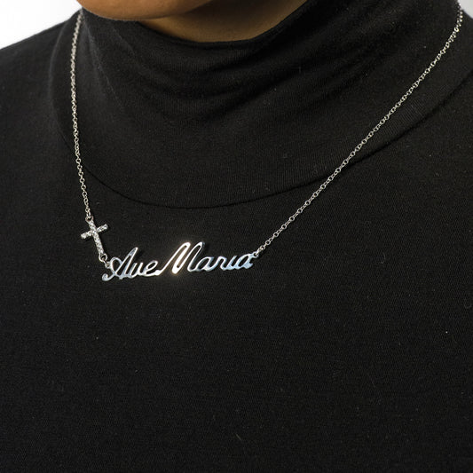 Collana "Ave Maria" e croce con zirconi in argento 925 rodiato  lunghezza cm. 42+3