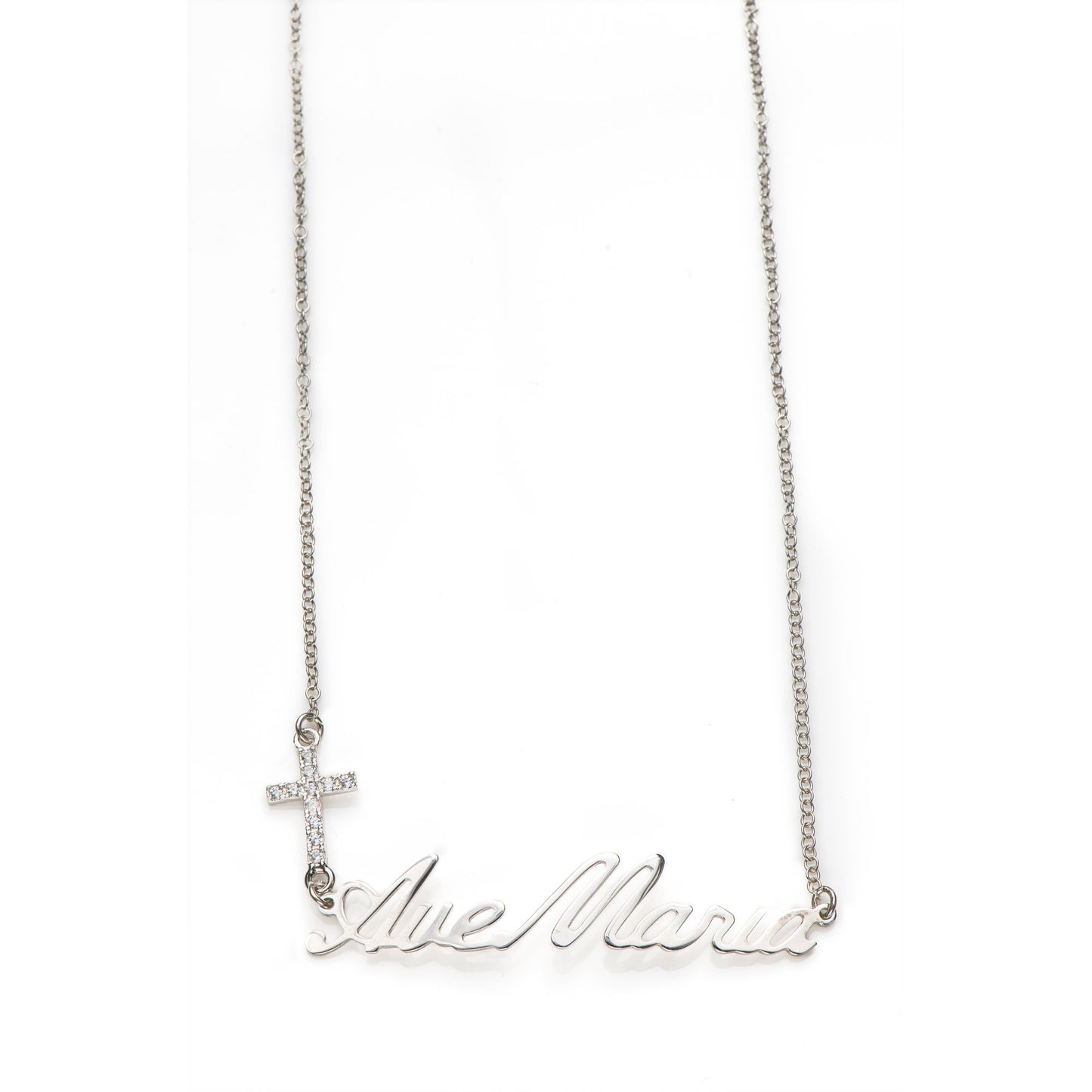 Collana "Ave Maria" e croce con zirconi in argento 925 rodiato  lunghezza cm. 42+3