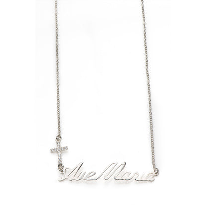 Collana "Ave Maria" e croce con zirconi in argento 925 rodiato  lunghezza cm. 42+3