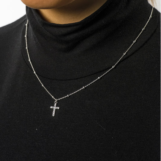 Collana pallinata e ciondolo Croce con zirconi in argento 925 rodiato. Lunghezza 42+3 cm