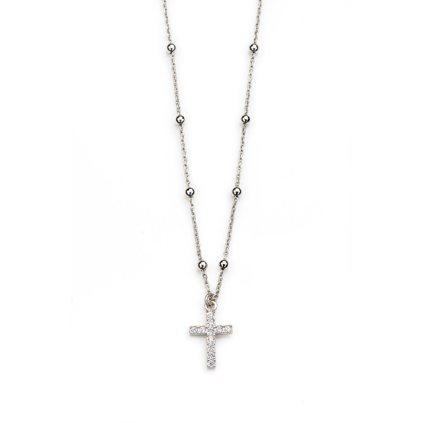 Collana pallinata e ciondolo Croce con zirconi in argento 925 rodiato. Lunghezza 42+3 cm