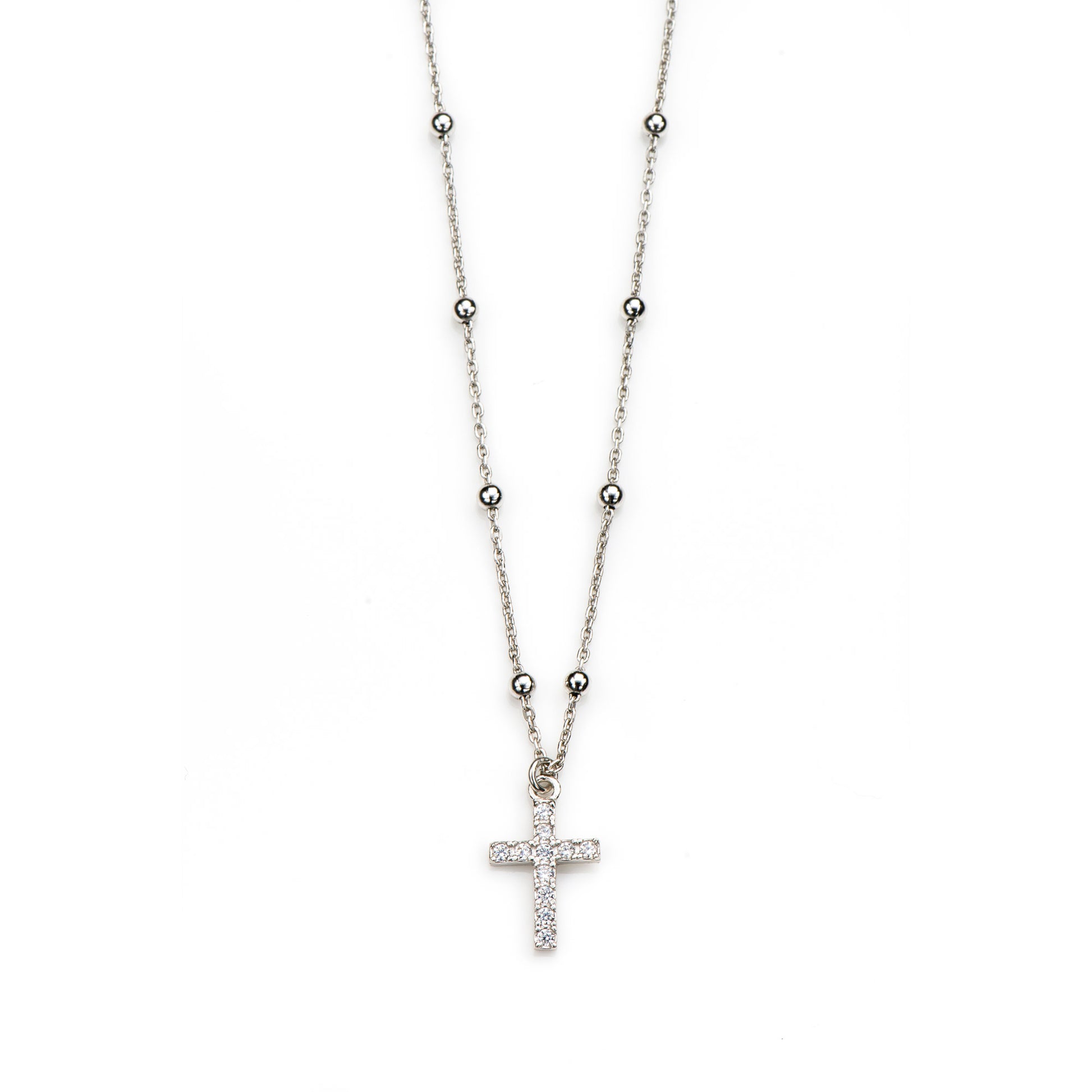 Collana pallinata e ciondolo Croce con zirconi in argento 925 rodiato. Lunghezza 42+3 cm
