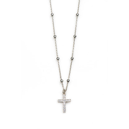 Collana pallinata e ciondolo Croce con zirconi in argento 925 rodiato. Lunghezza 42+3 cm