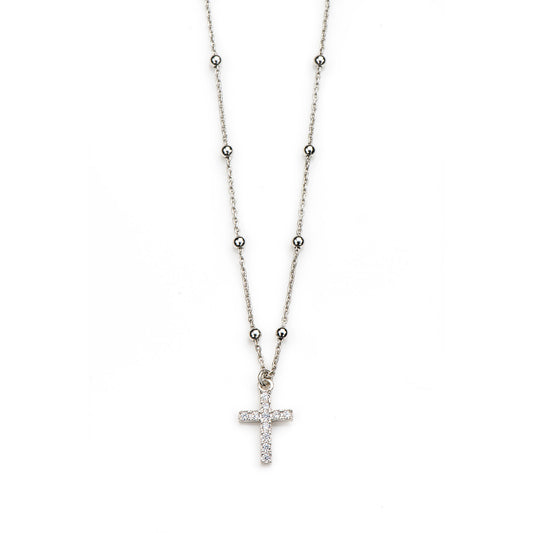 Collana pallinata e ciondolo Croce con zirconi in argento 925 rodiato. Lunghezza 42+3 cm