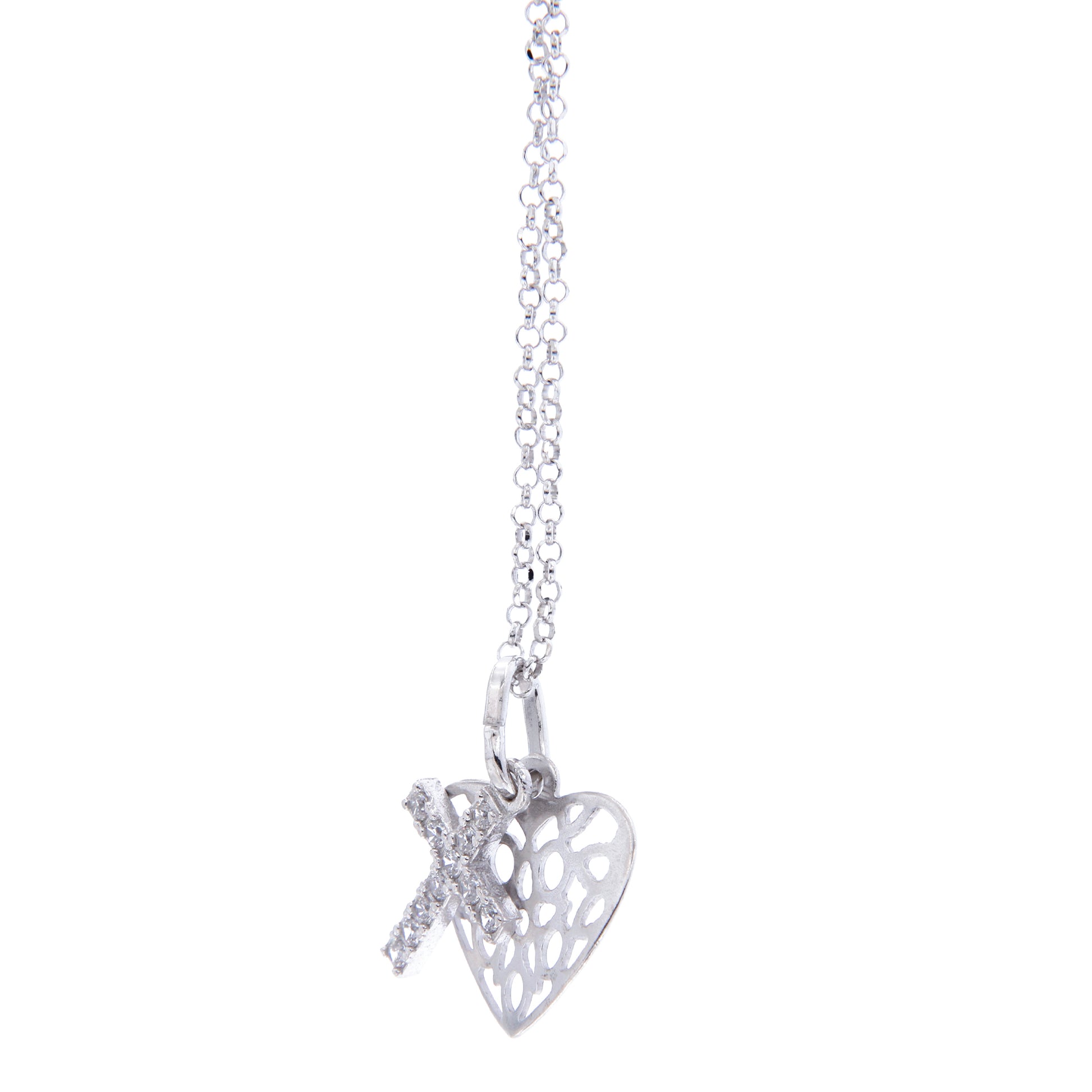 Collana croce con zirconi e cuore traforato in argento 925 rodiato. Lunghezza cm. 42+3