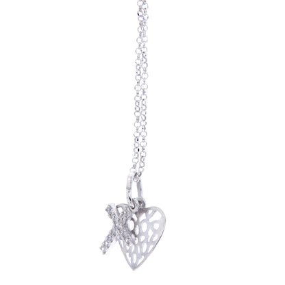 Collana croce con zirconi e cuore traforato in argento 925 rodiato. Lunghezza cm. 42+3