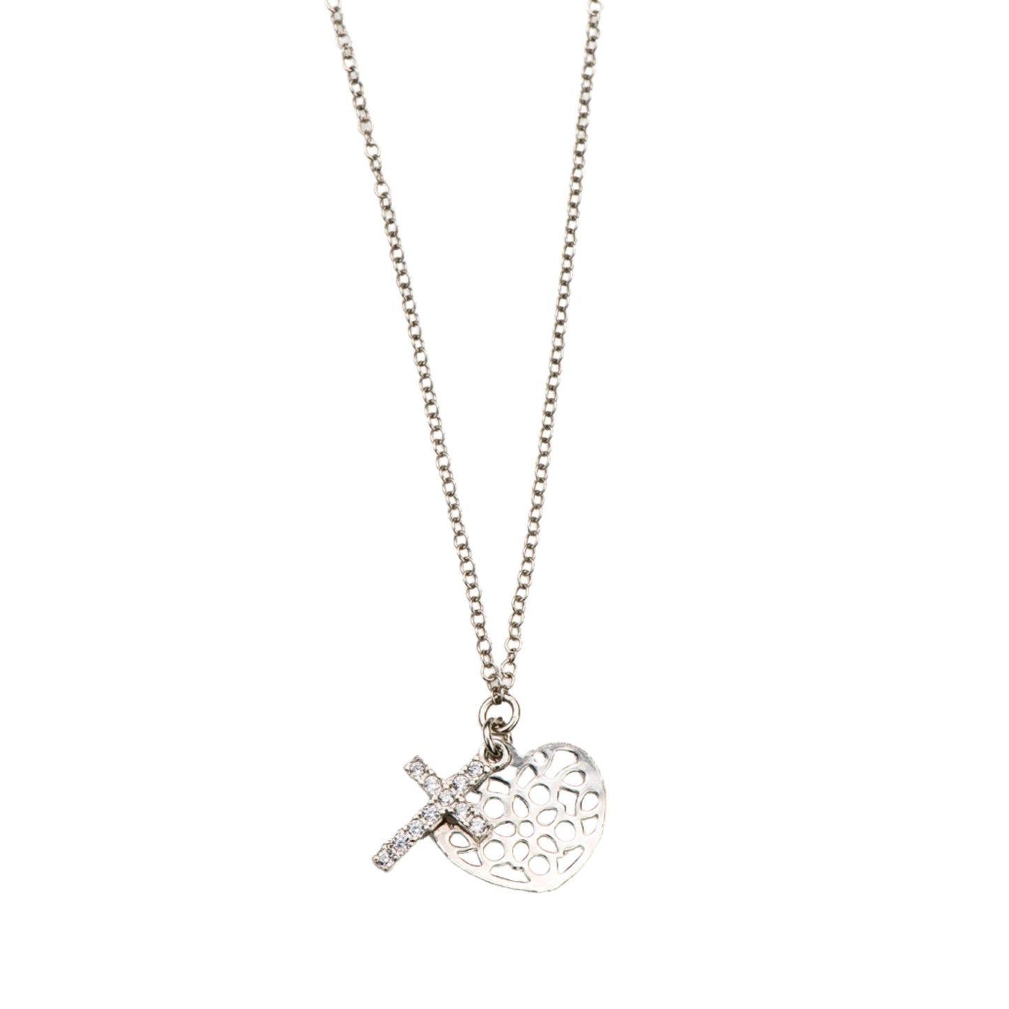 Collana croce con zirconi e cuore traforato in argento 925 rodiato. Lunghezza cm. 42+3
