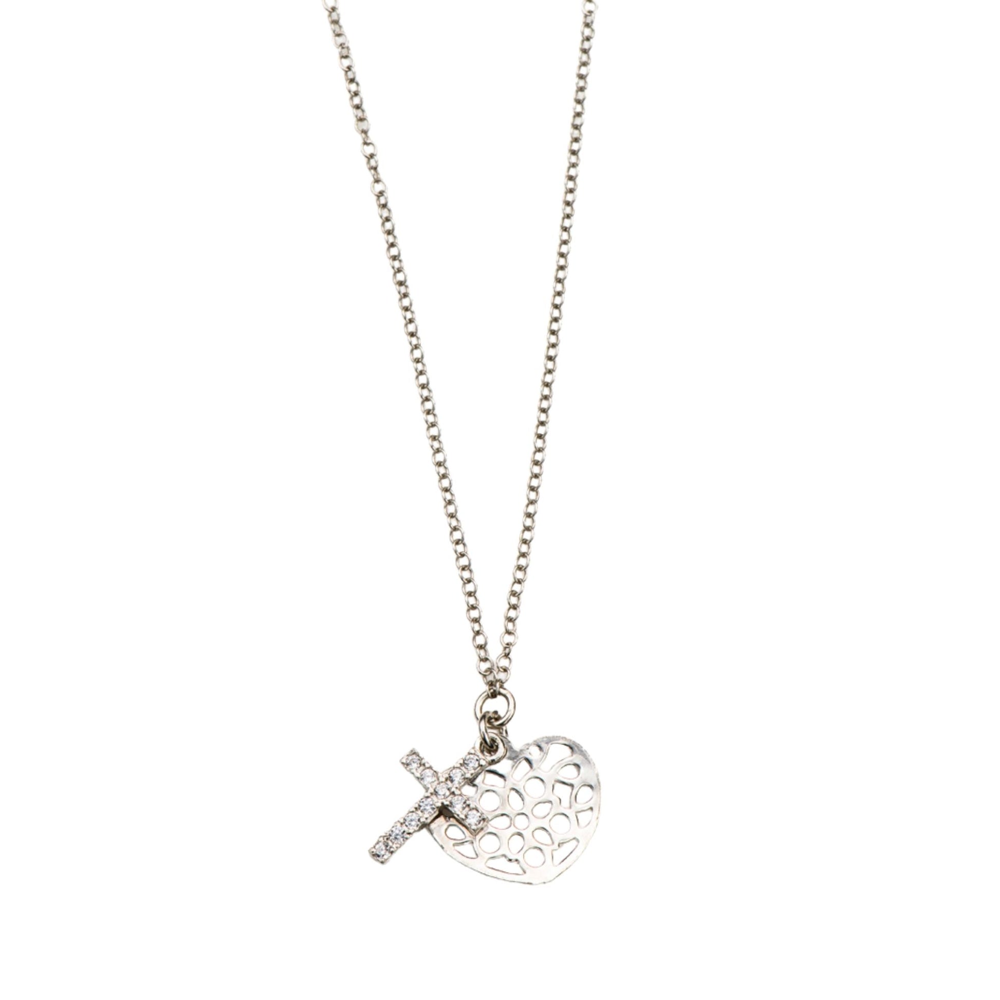 Collana croce con zirconi e cuore traforato in argento 925 rodiato. Lunghezza cm. 42+3