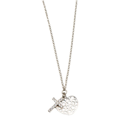 Collana croce con zirconi e cuore traforato in argento 925 rodiato. Lunghezza cm. 42+3