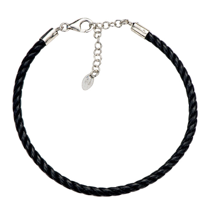 Bracciale in cordone e argento 925 rodiato. Lunghezza 19,5+3 cm