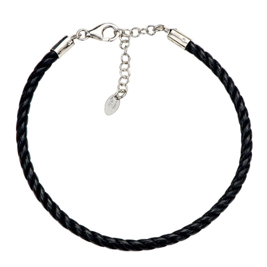 Bracciale in cordone e argento 925 rodiato. Lunghezza 19,5+3 cm