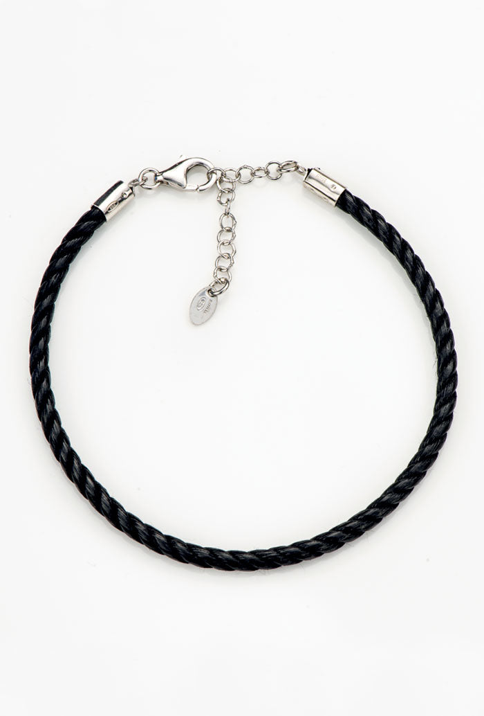 Bracciale in cordone e argento 925 rodiato. Lunghezza 19,5+3 cm