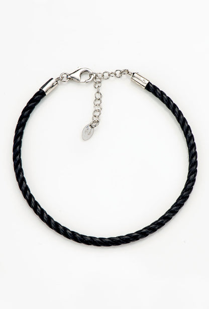 Bracciale in cordone e argento 925 rodiato. Lunghezza 19,5+3 cm