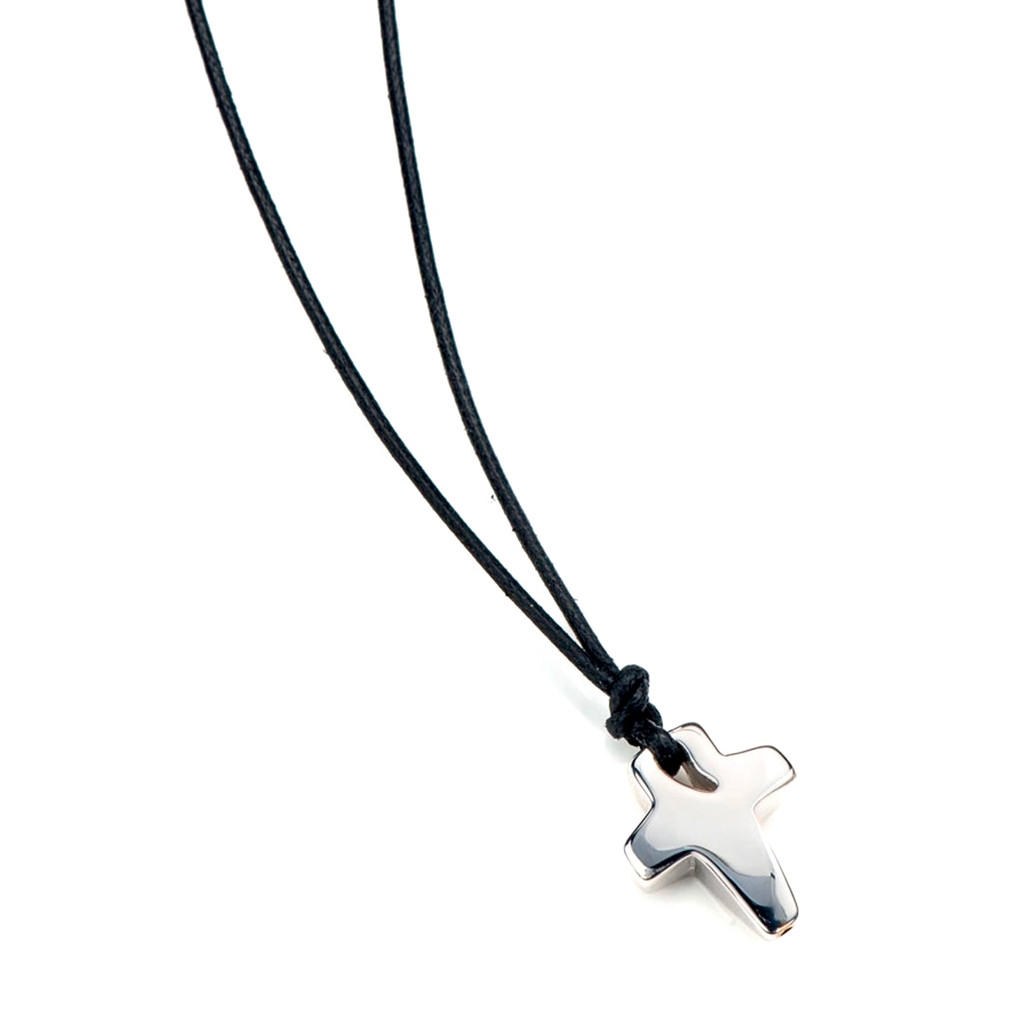Collana in corda cerata e croce bombata in argento 925. Lunghezza 45+3 cm