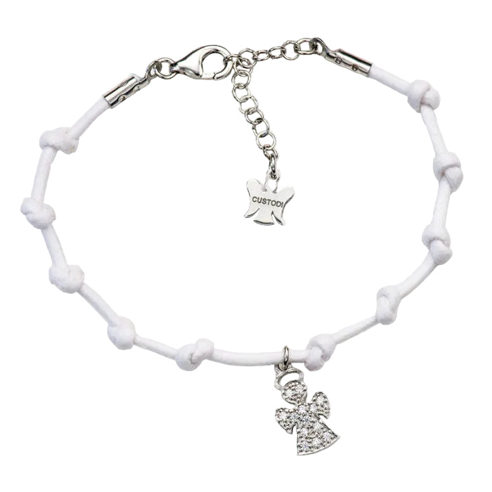 Bracciale Decina del Rosario in corda cerata e pendente Angelo in argento 925. Lunghezza 17+3 cm