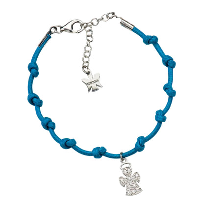 Bracciale Decina del Rosario in corda cerata e pendente Angelo in argento 925. Lunghezza 17+3 cm