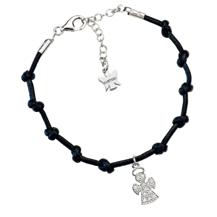 Bracciale Decina del Rosario in corda cerata e pendente Angelo in argento 925. Lunghezza 17+3 cm