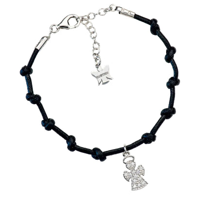 Bracciale Decina del Rosario in corda cerata e pendente Angelo in argento 925. Lunghezza 17+3 cm