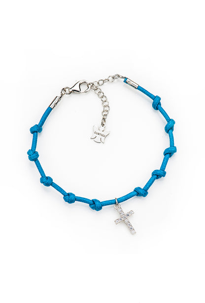 Bracciale Decina del Rosario in corda cerata e pendente Croce iin argento 925. Lunghezza 17+3 cm