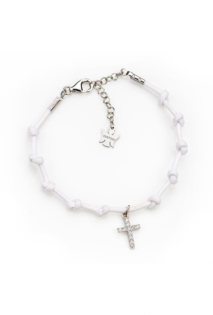 Bracciale Decina del Rosario in corda cerata e pendente Croce iin argento 925. Lunghezza 17+3 cm