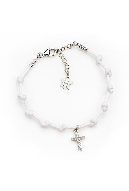 Bracciale Decina del Rosario in corda cerata e pendente Croce iin argento 925. Lunghezza 17+3 cm