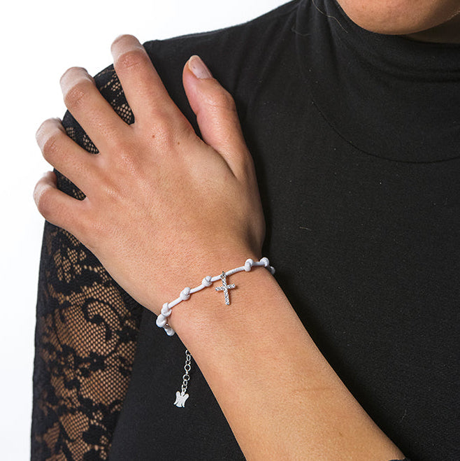 Bracciale Decina del Rosario in corda cerata e pendente Croce iin argento 925. Lunghezza 17+3 cm