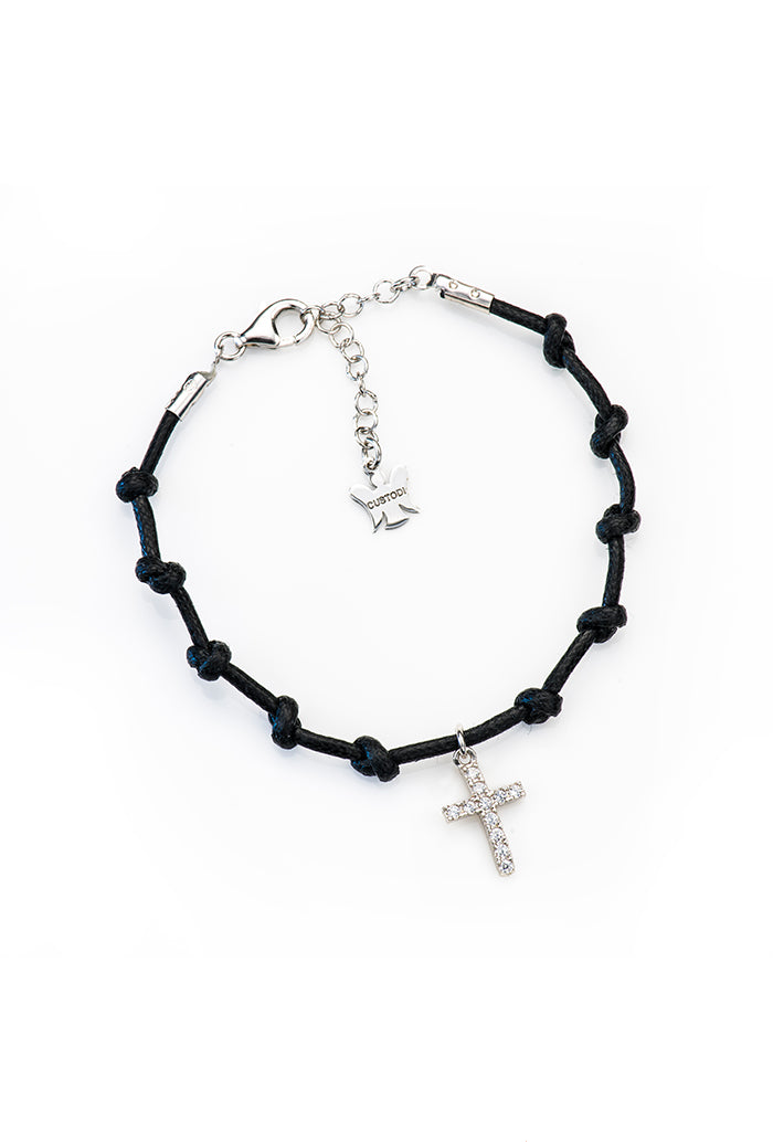 Bracciale Decina del Rosario in corda cerata e pendente Croce iin argento 925. Lunghezza 17+3 cm