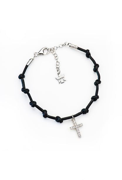 Bracciale Decina del Rosario in corda cerata e pendente Croce iin argento 925. Lunghezza 17+3 cm