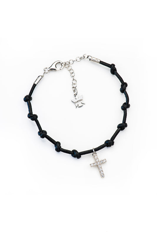Bracciale Decina del Rosario in corda cerata e pendente Croce iin argento 925. Lunghezza 17+3 cm