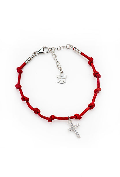 Bracciale Decina del Rosario in corda cerata e pendente Croce iin argento 925. Lunghezza 17+3 cm