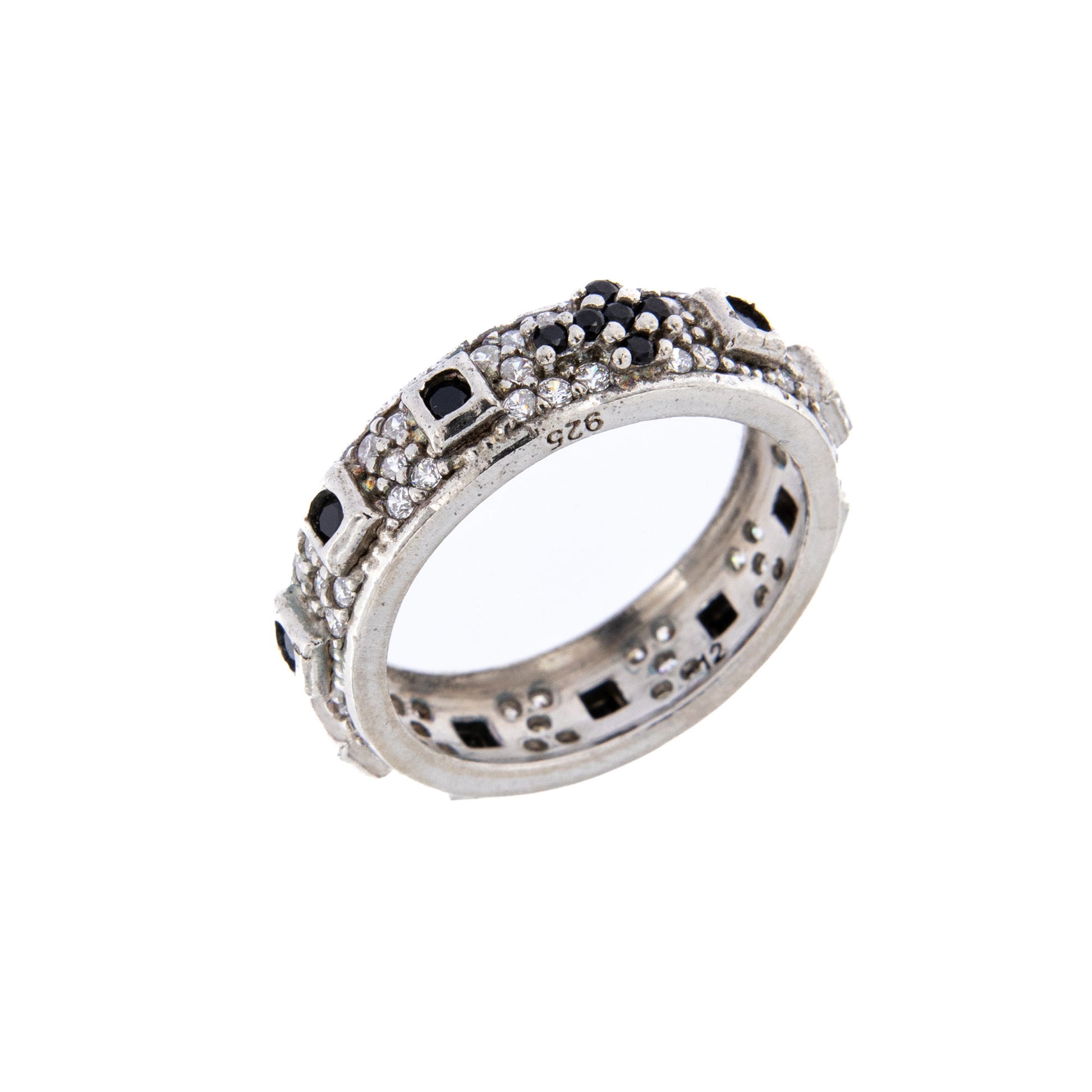 Anello decina Rosario con zirconi bianchi e neri in argento 925 rodiato. Misure varie