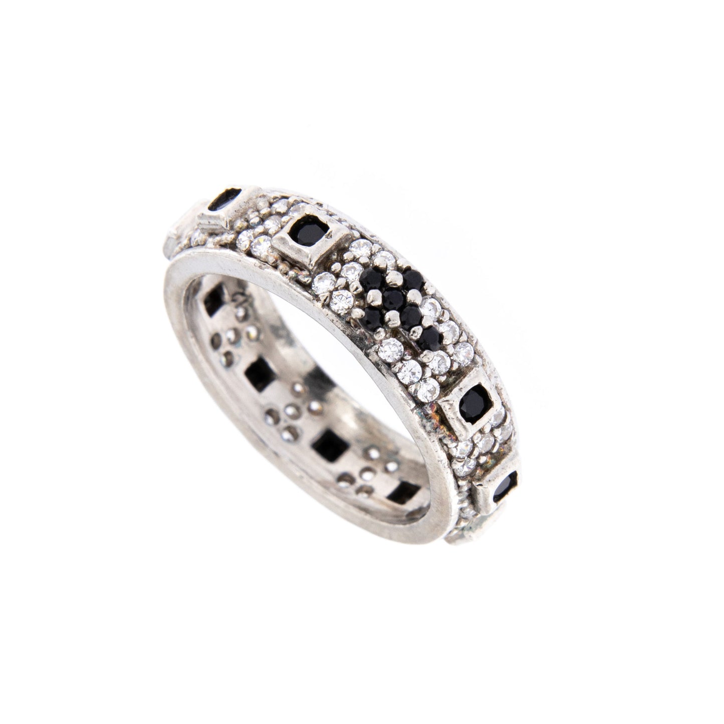 Anello decina Rosario con zirconi bianchi e neri in argento 925 rodiato. Misure varie