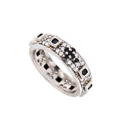 Anello decina Rosario con zirconi bianchi e neri in argento 925 rodiato. Misure varie