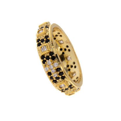 Anello Decina Rosario con zirconi neri e bianchi in argento 925 rodiato dorato. Misure varie