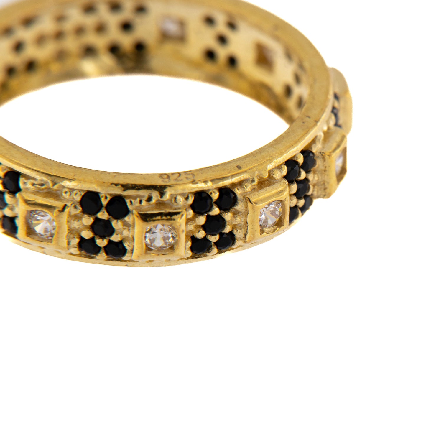 Anello Decina Rosario con zirconi neri e bianchi in argento 925 rodiato dorato. Misure varie