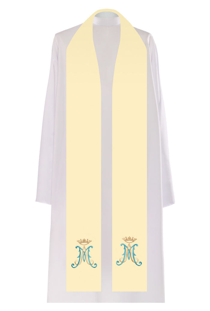 Stola sacerdotale mariana con ricamo M di Maria azzurro e oro