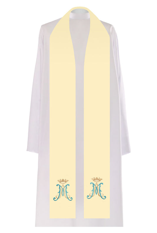 Stola sacerdotale mariana con ricamo M di Maria azzurro e oro