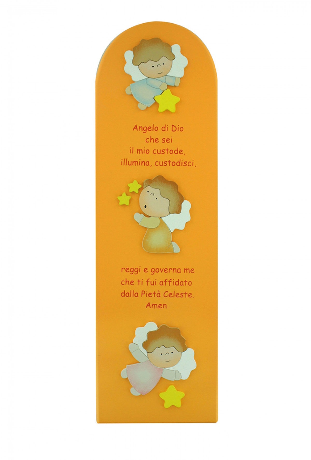Tavola con immagine in rilievo Angelo e preghiera "Angelo di Dio". Dimensioni 43x13 cm