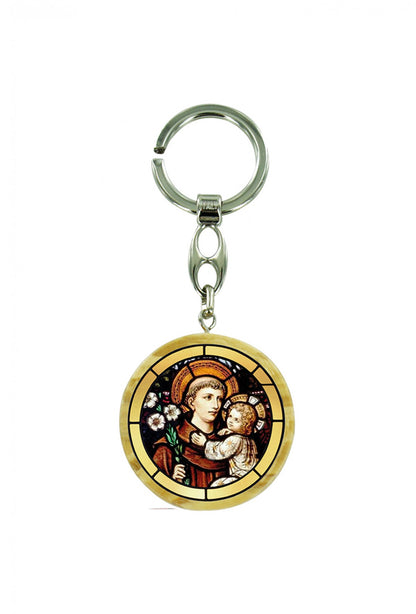 Portachiavi tondo in legno d'olivo con immagine serigrafata. Lunghezza 10 cm